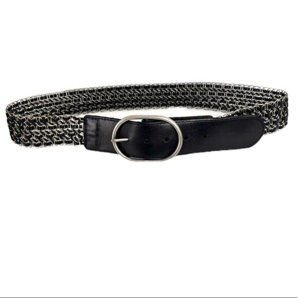 Levi’s men's belt size M black leather silver metal woven links - Picture 1 of 7